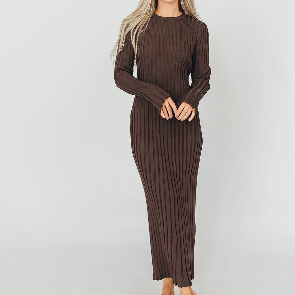 Worth Collective Colette Premium Long Sleeved Ribbed Knit Maxi Dress in Brown